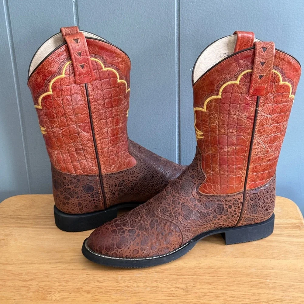 NWT Old West CW2522Y Brown Orange Leather Youth Cowboy Boots Sz 6‎ Fits Wmns 8